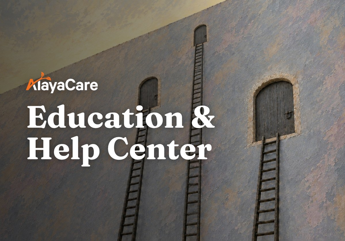 AlayaCare Education & Help Center cover: three doors high on a wall, each reached by its own ladder