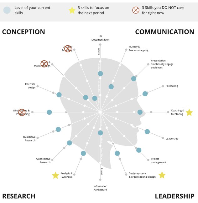 Blank Skill Toolkit chart — a radial map of design, research, communication and leadership skills, ready to be filled in