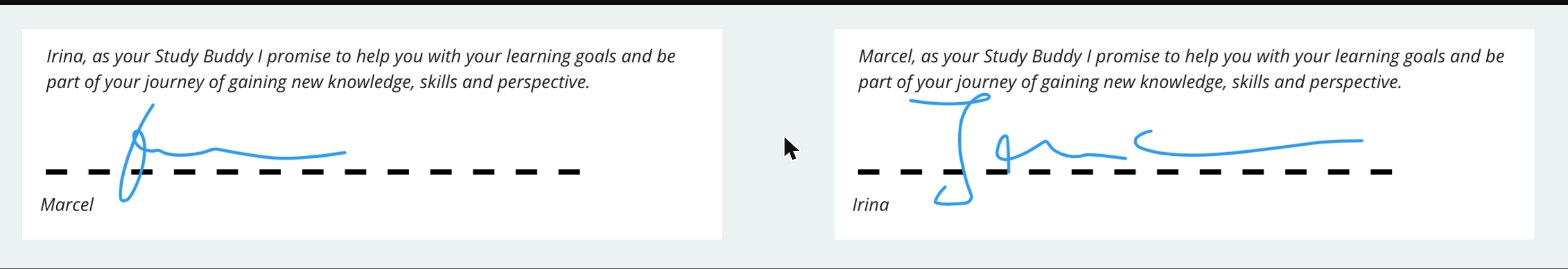 Two signed one-pagers: Marcel and Irina's handwritten study buddy commitment pledges, each with a signature
