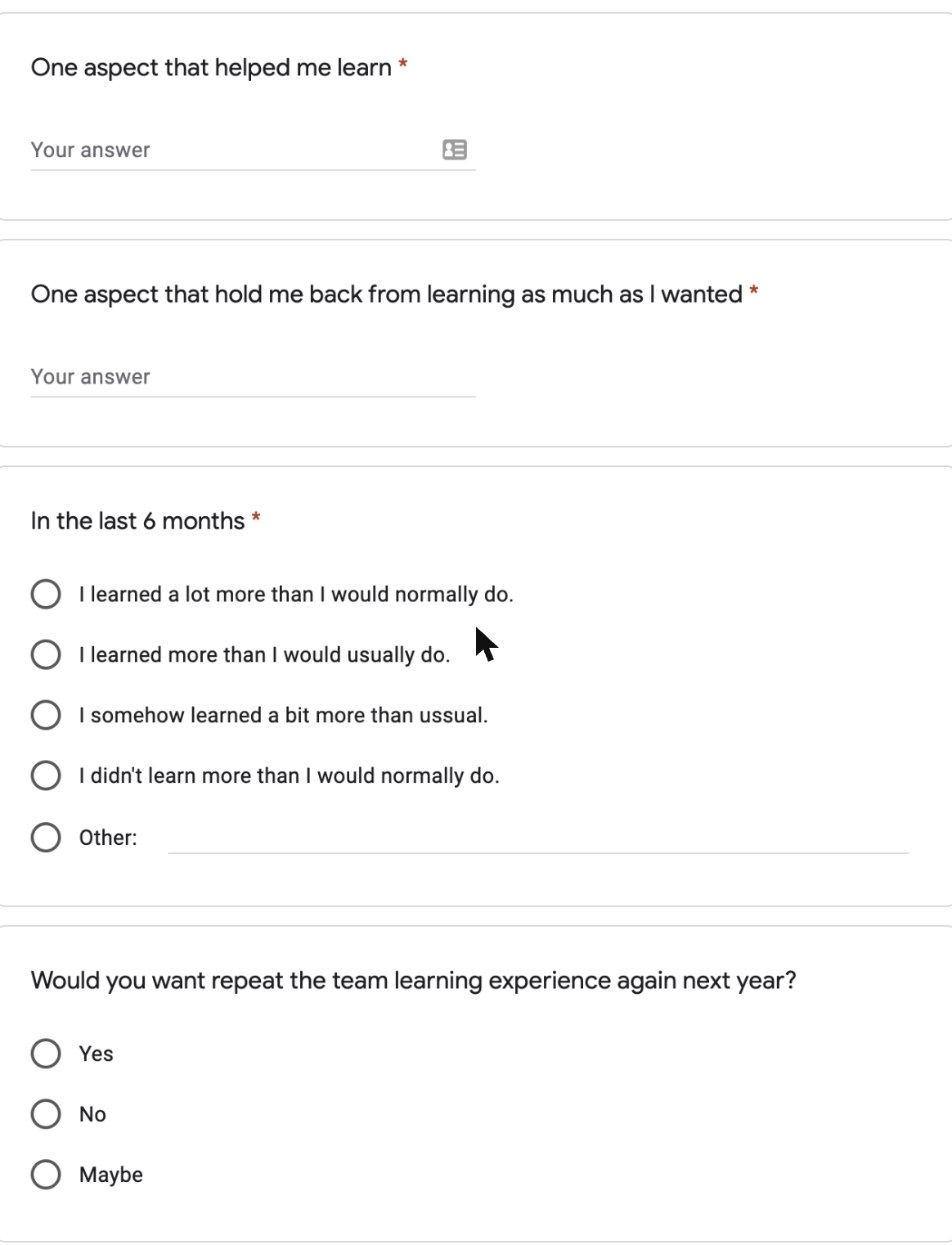 Preview of the sample post-survey template, a Google Form asking what helped and hindered learning