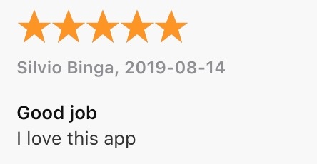 A five-star app store review for the belairdirect app reading Good job, I love this app