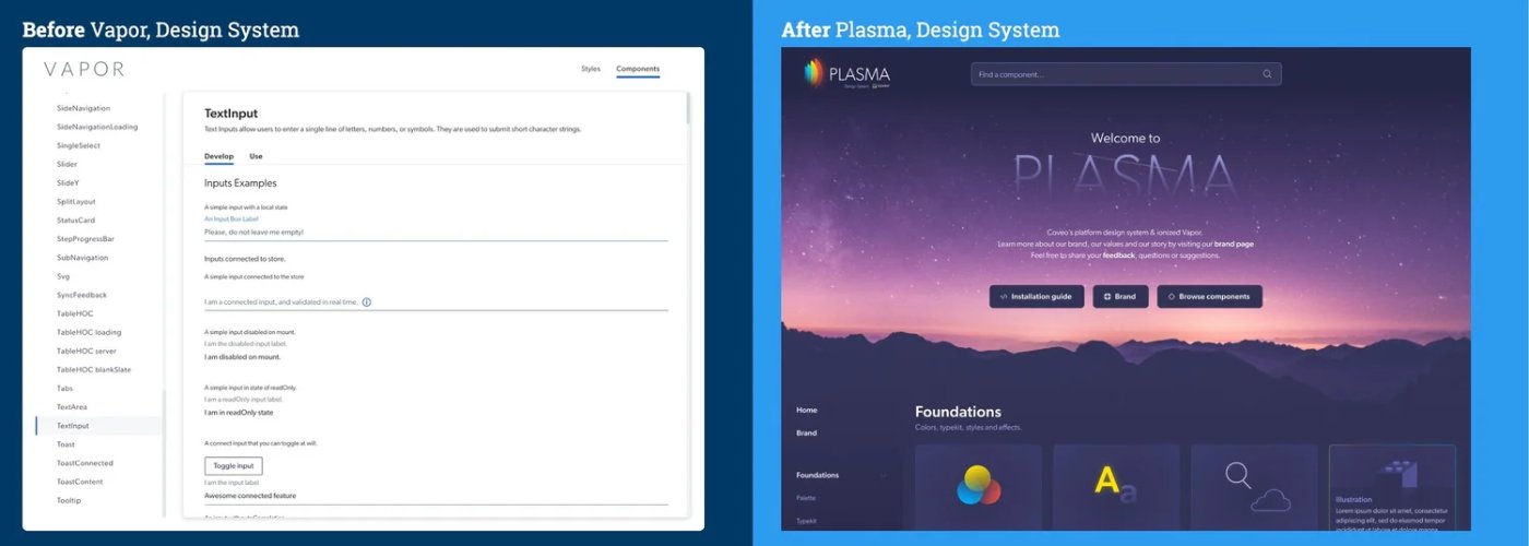 Before and after comparison: the old Vapor design system documentation site next to the new Plasma design system homepage