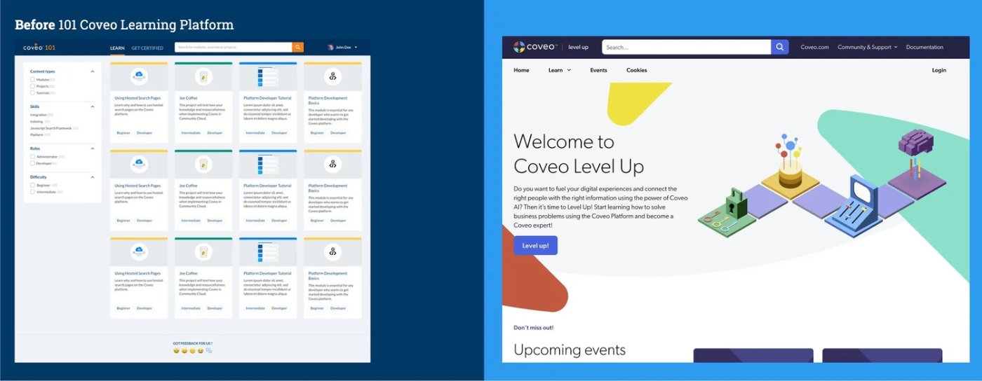 Before and after comparison: the old 101 Coveo learning platform next to the new Coveo Level Up platform