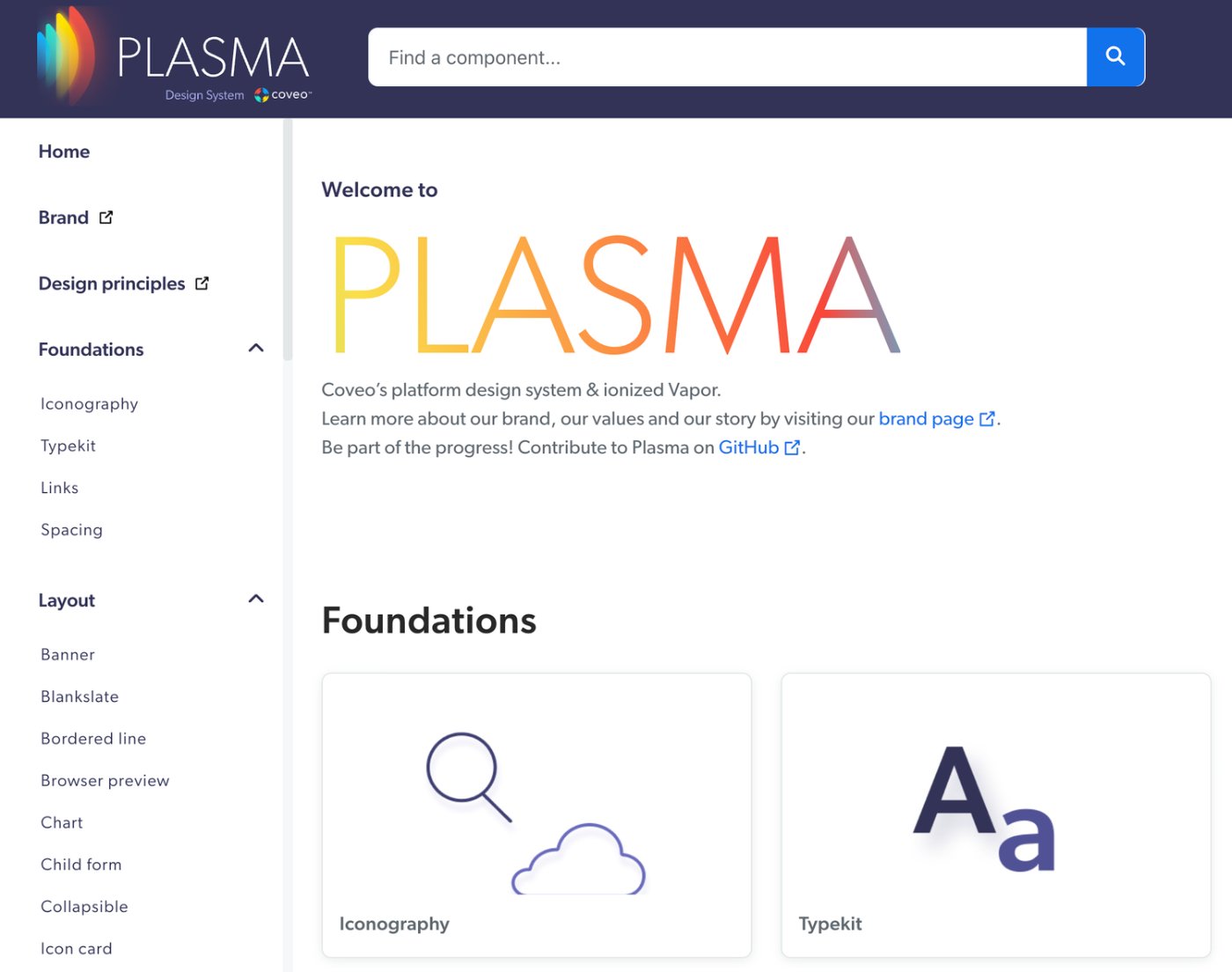 The Plasma design system homepage, listing foundations, layout, form and navigation components