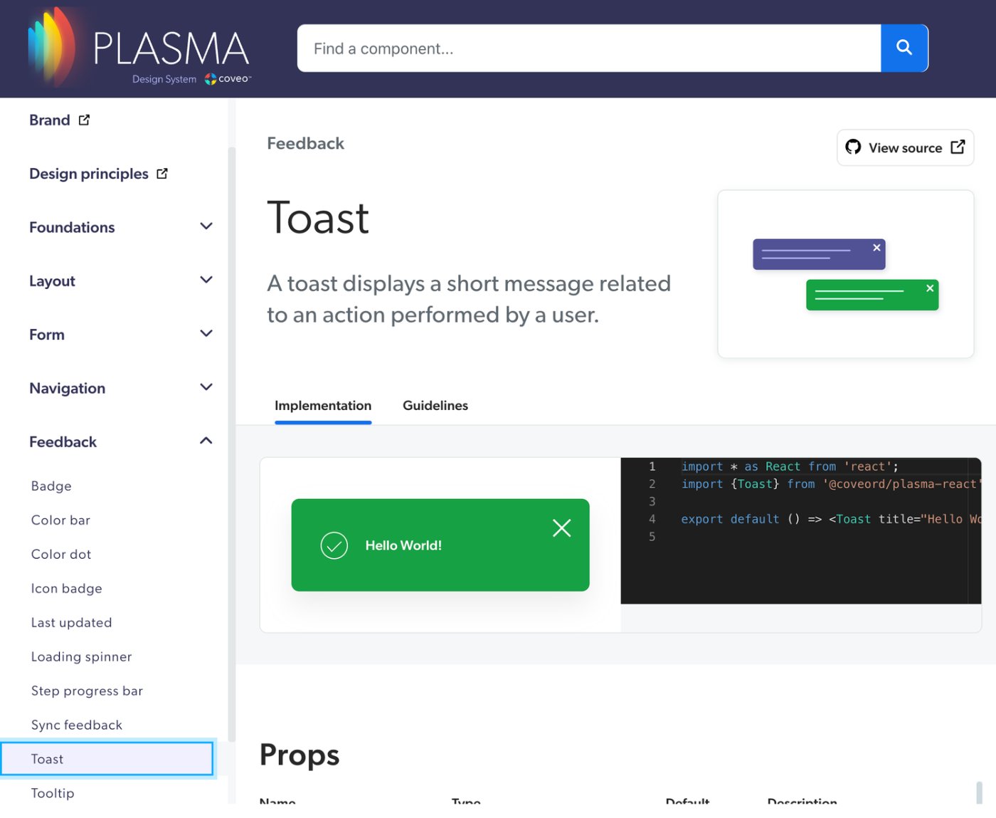 A Plasma component page for Toast, showing its implementation code and live example