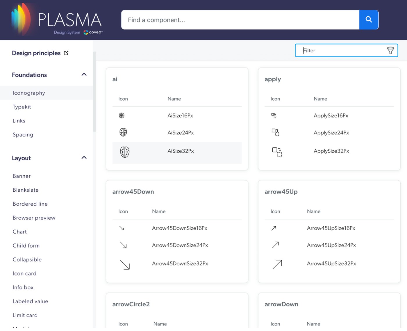 The Plasma iconography library, showing the AI icon set and its sizes