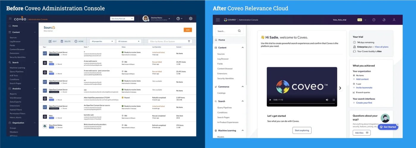 Before and after comparison: the old Coveo administration console next to the new Coveo Relevance Cloud interface
