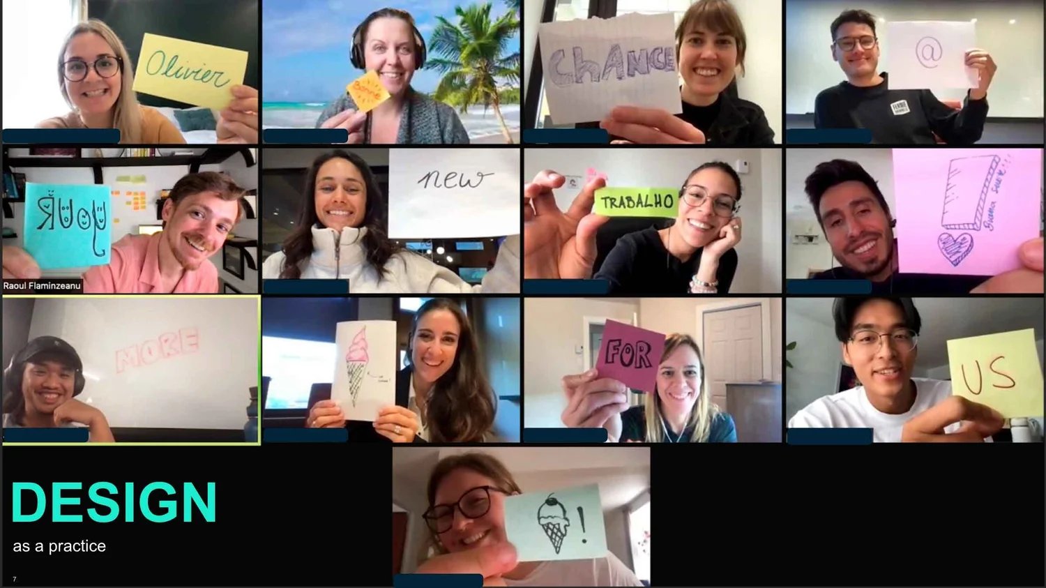 The Coveo design team on a video call, each person holding up a handwritten word, spelling out a message together
