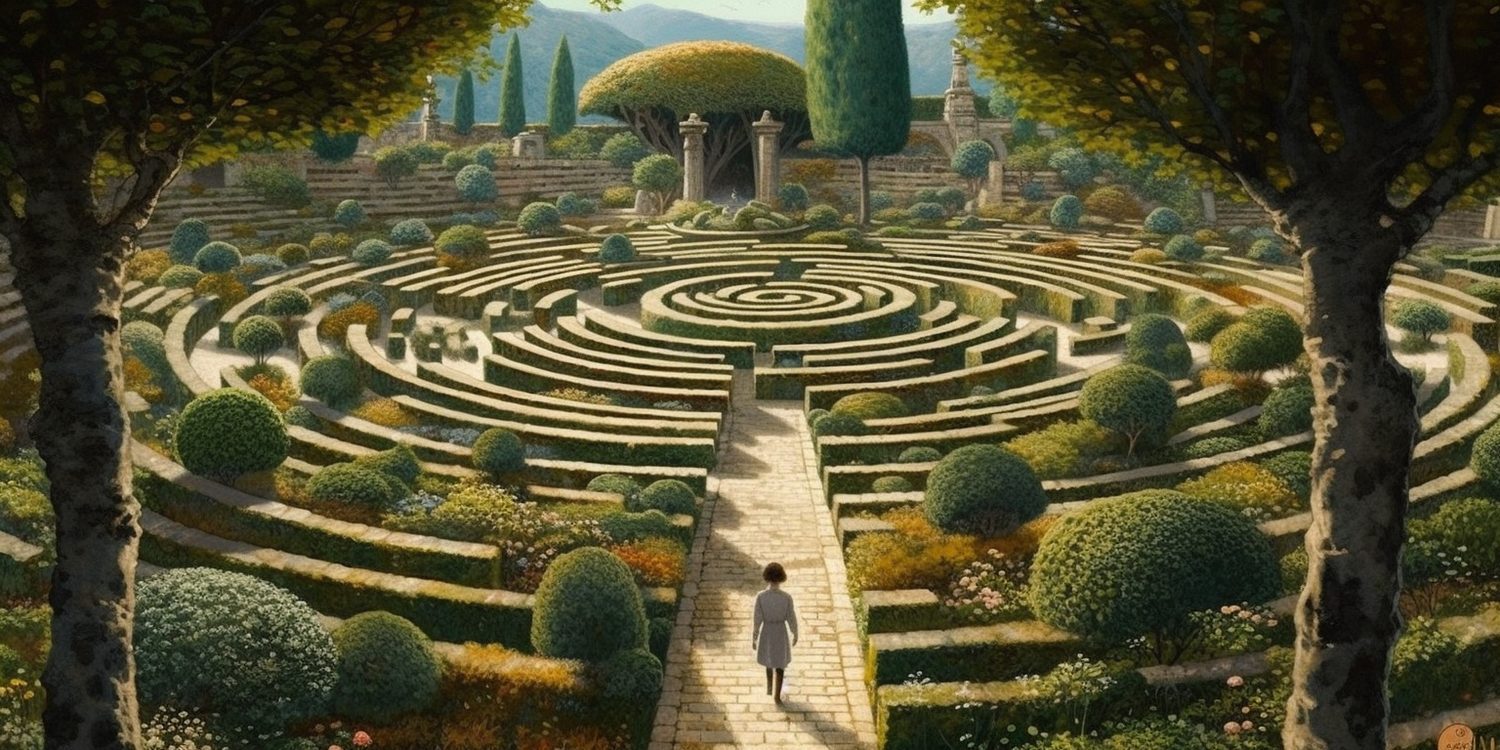 Man walking through a labyrinth garden, illustration used for Shopify's navigation project