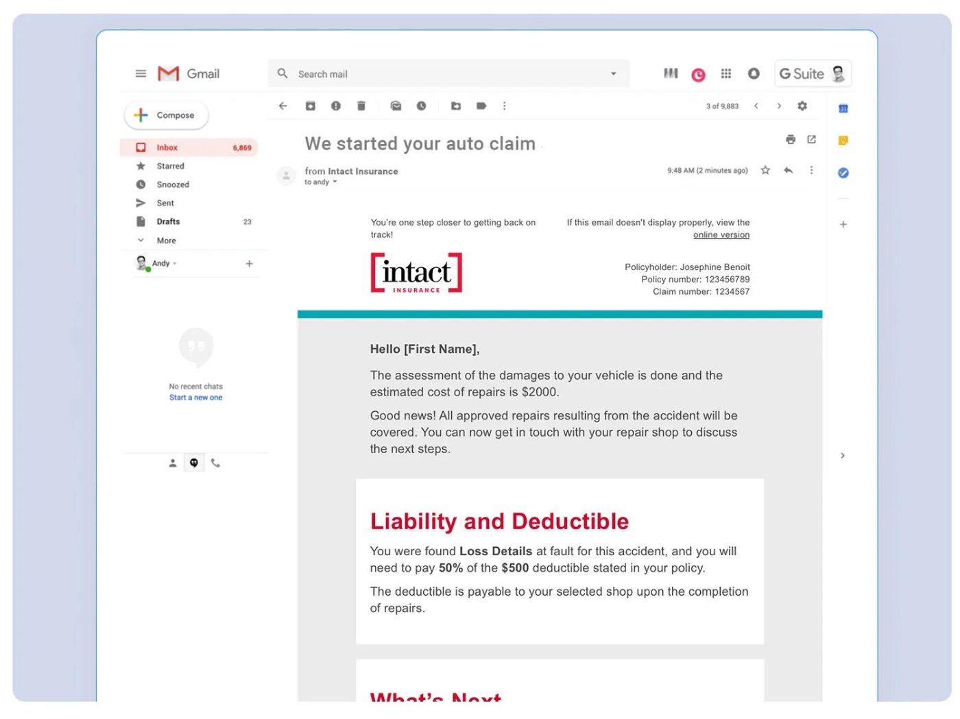 A claim status email explaining the damage assessment, liability and deductible, and next steps