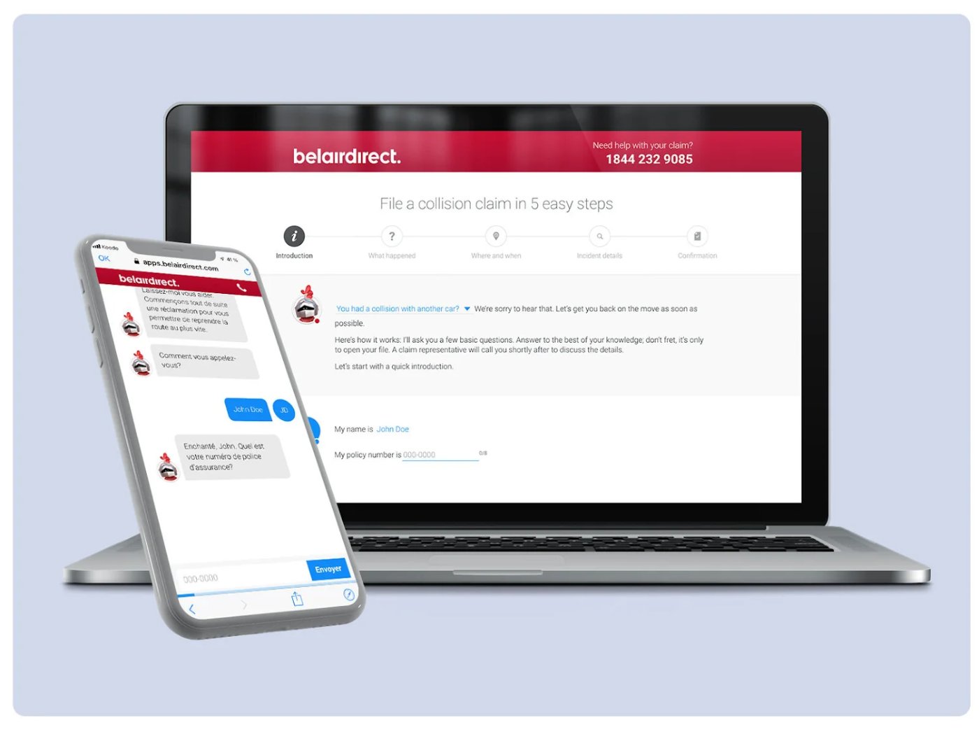 A five-step guided claim intake flow on desktop, paired with a mobile chat-style version of the same flow