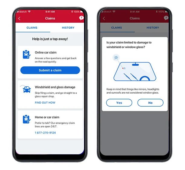 Mobile claims screen offering to skip straight to a glass repair shop for windshield damage, next to a triage question asking if the claim is limited to window glass