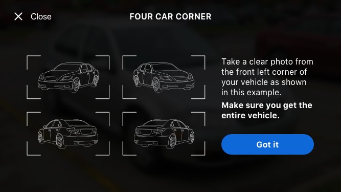 In-app instructional overlay: 'Four Car Corner,' showing the driver where to stand for a clear photo of the vehicle