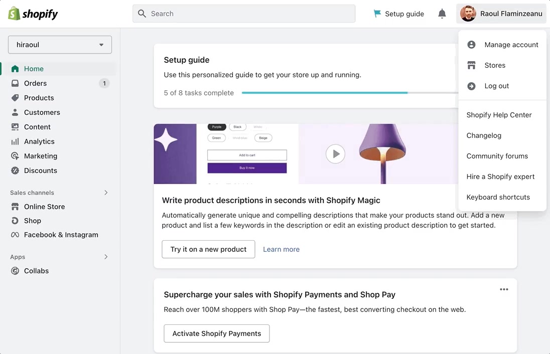 Shopify admin Account Menu open, showing manage account, stores, log out and help links