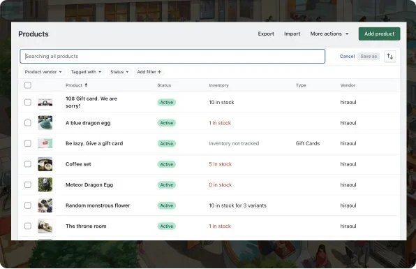 Redesigned Shopify admin Products index table, showing a searchable, sortable product list