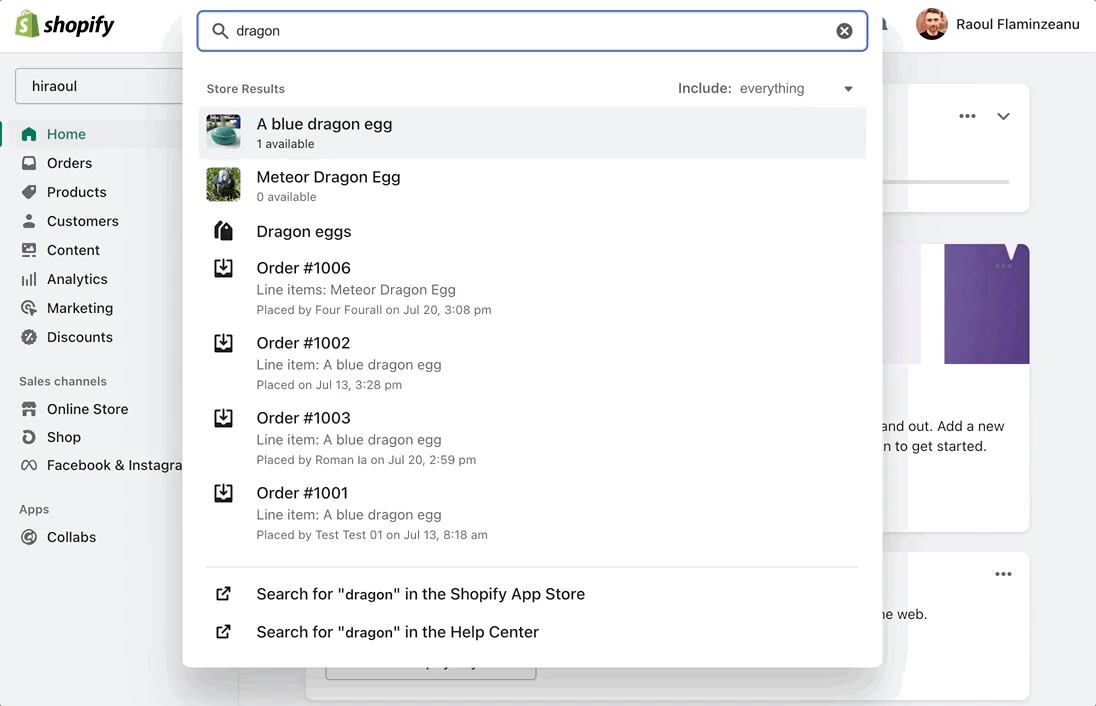 Shopify admin Quick Search showing federated results for a query, grouped by store results, orders and help resources